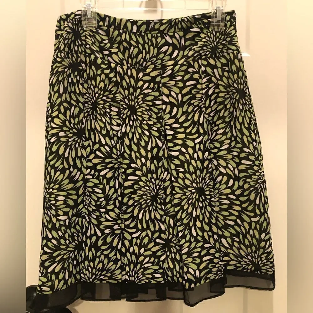 Worthington Women’s A Line Pleated Skirt 10 Lined Black Green Cream Side Zip